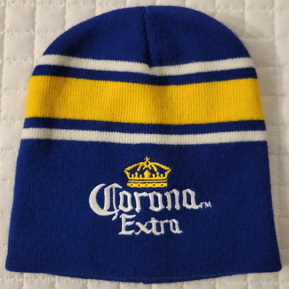 Corona Extra Men Beanie Royal Blue Yellow Striped Knit Skull Cap Promotional Hat